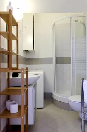 Shower, hair dryer, bidet, towels