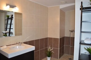 Douche, sèche-cheveux, savon, shampoing