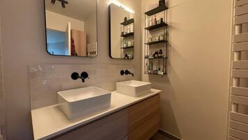 Shower, hair dryer, towels, toilet paper