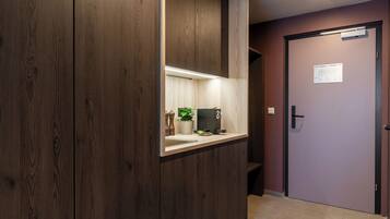 A wooden wardrobe with a mirror, a small sink, and a potted plant.