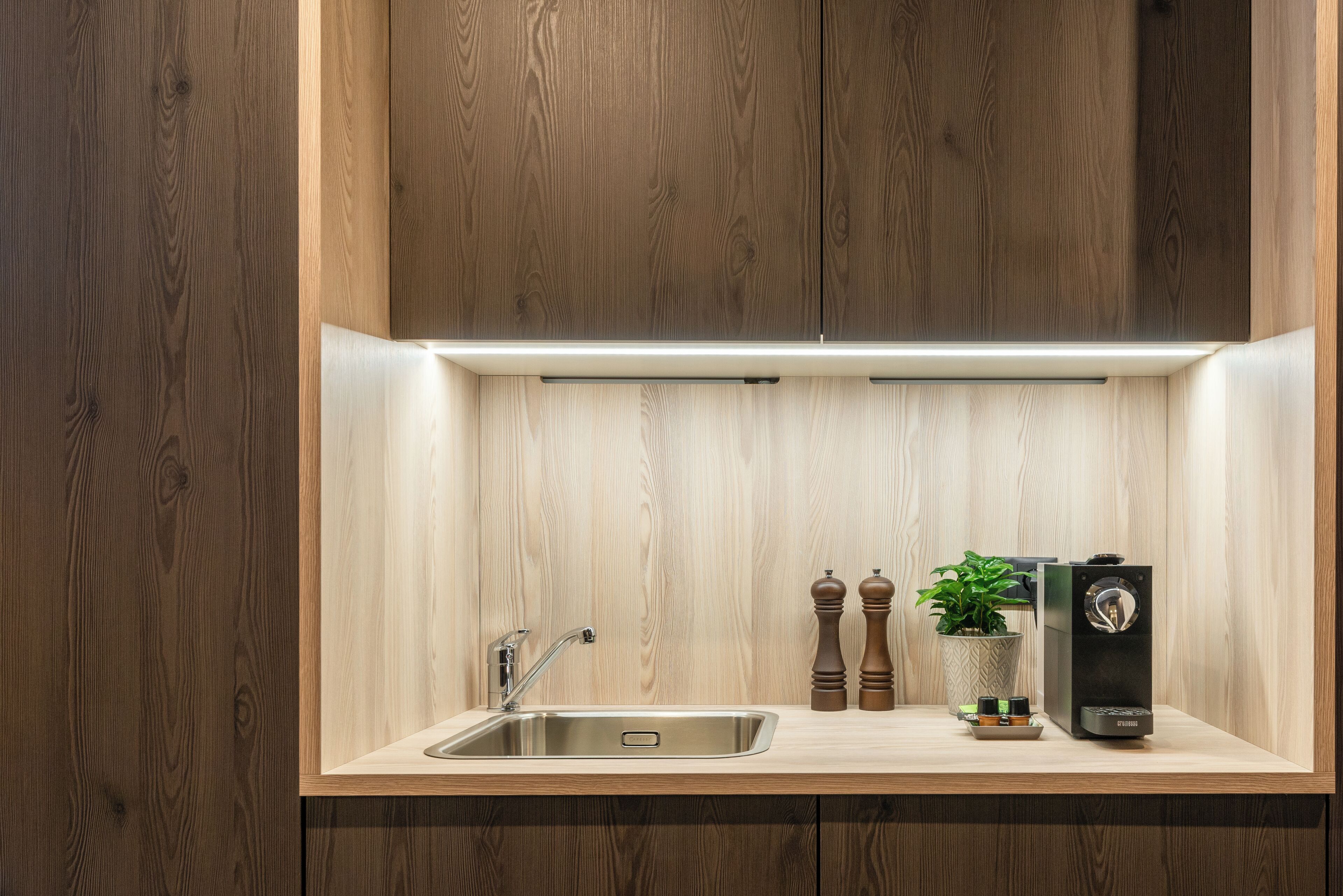 A kitchen with a stainless steel sink, wooden cabinets, a coffee machine, and a potted plant.