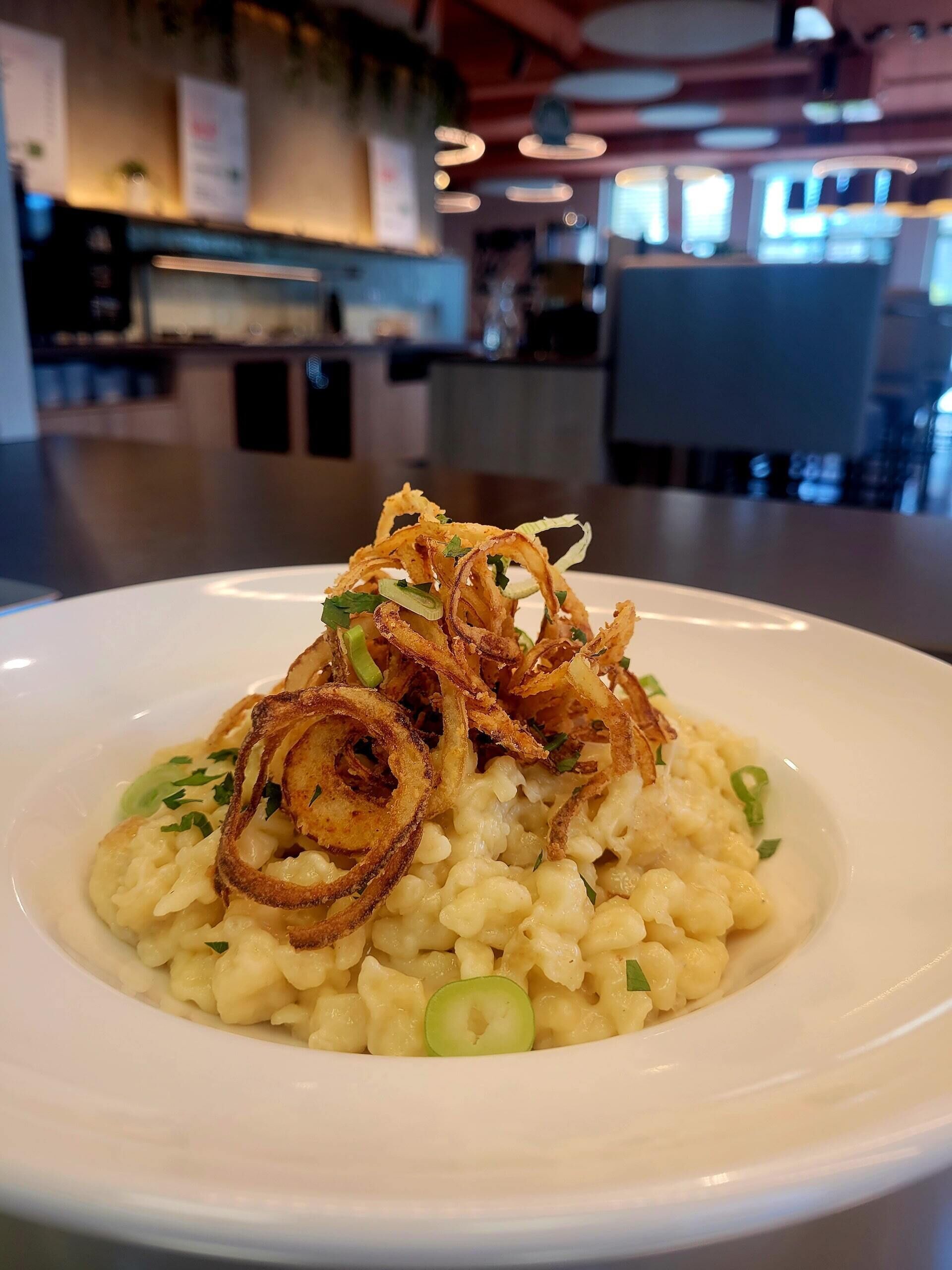 A plate of food with a creamy base, topped with crispy fried onions and green garnish, served on a white plate.