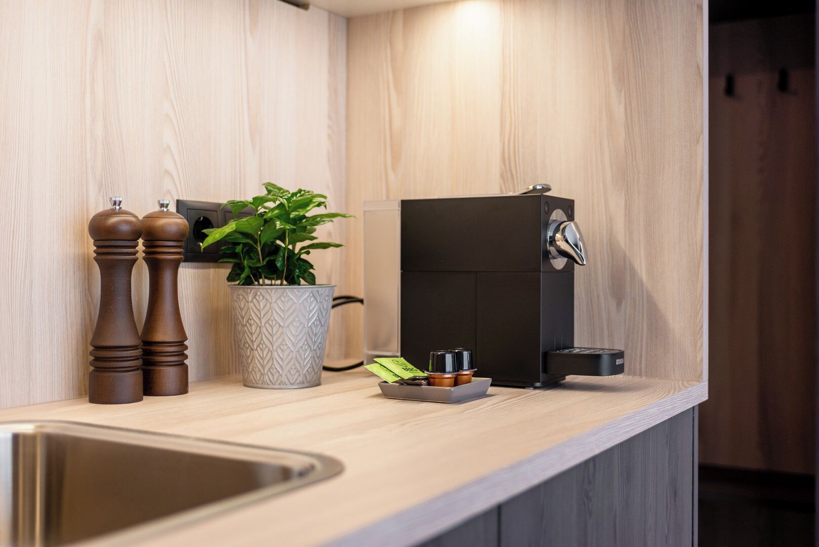 Una encimera de cocina con una cafetera, dos molinillos de pimienta de madera, una planta en maceta y un recipiente pequeño con condimentos.