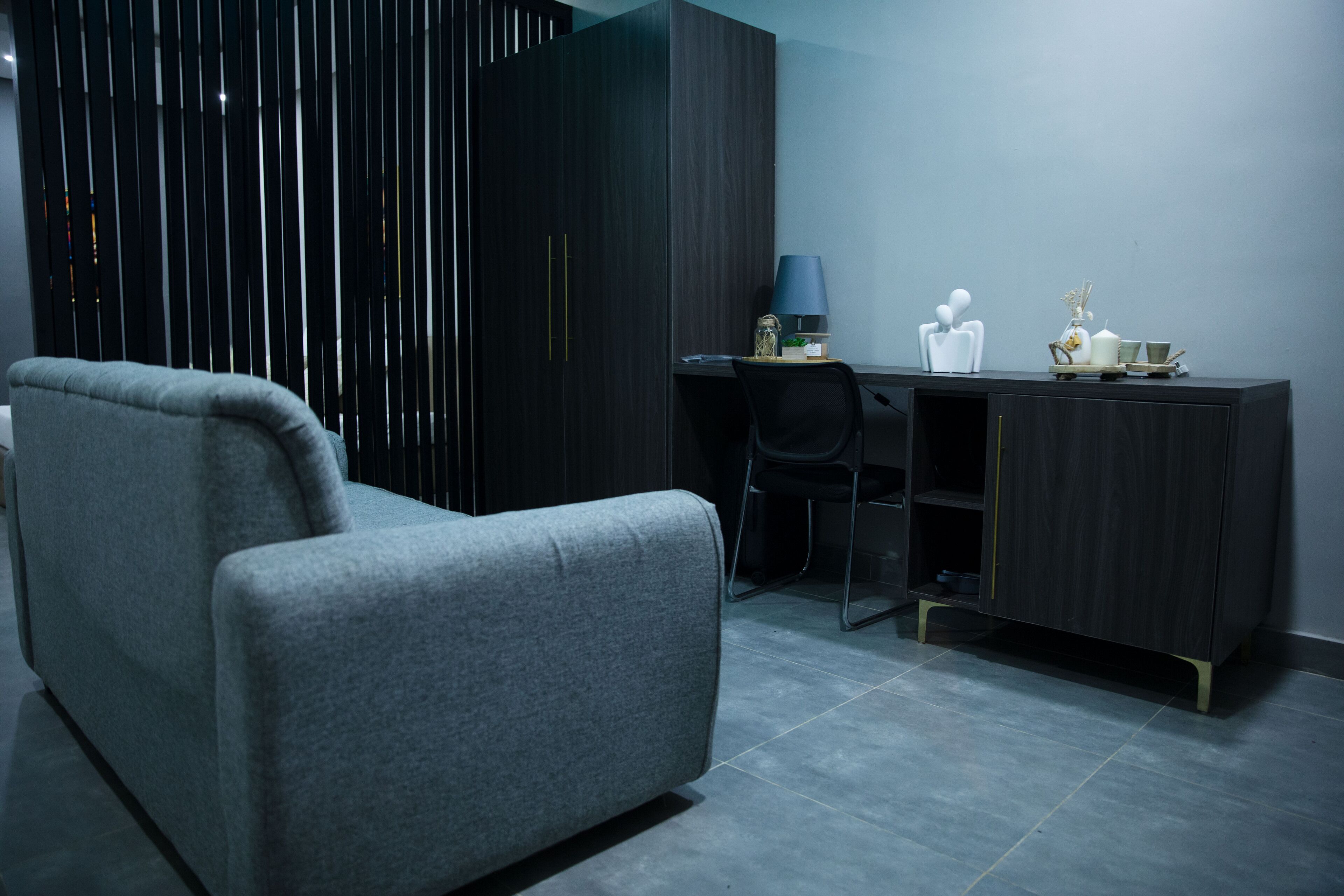 A modern room with a grey sofa, a desk, and a dark wardrobe.