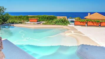 A pool with a clear blue edge, surrounded by potted plants and a view of the ocean.