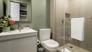 Un baño moderno con ducha envuelta en vidrio, inodoro blanco y tocador con espejo y lavamanos.