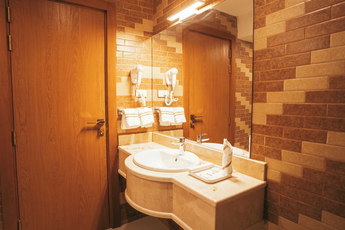 A bathroom with a wooden door, a sink, a mirror, and a hairdryer.
