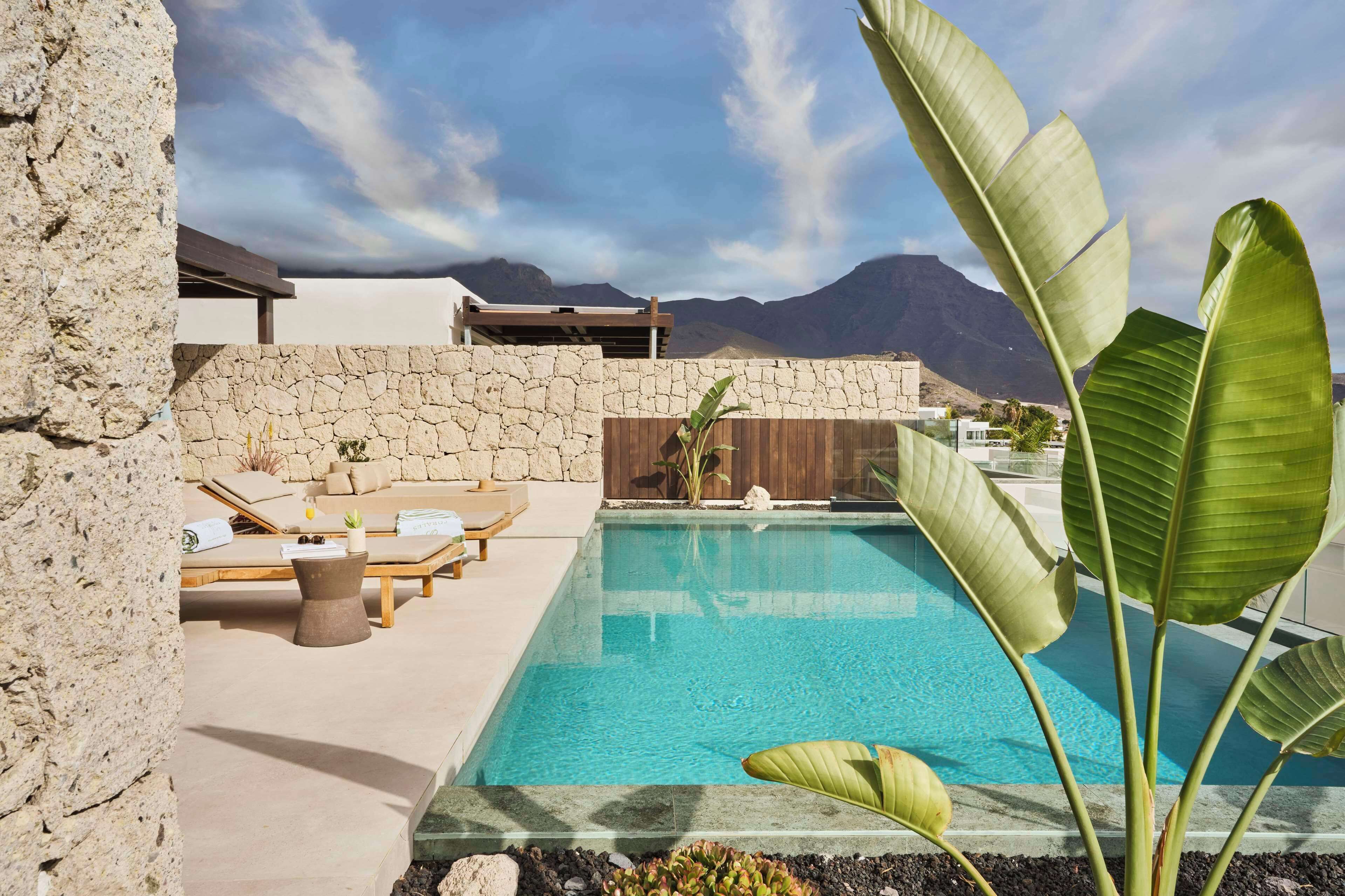 A pool area with lounge chairs and a stone wall, surrounded by tropical plants.