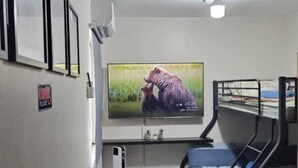 A compact room with bunk beds, a mounted TV displaying a nature scene, a ceiling fan, and a 'Please' sign on the wall. - Cozy Condo: Clean, 24/7 Security, 
Near S&R Davao and some Universities/Schools (Davao City)