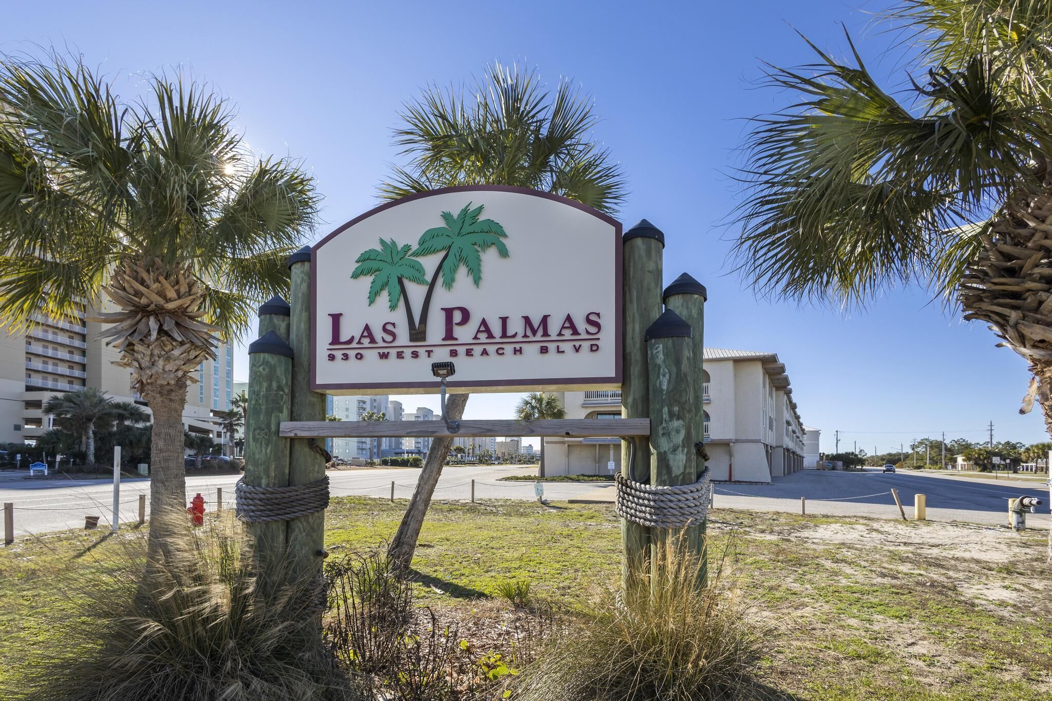 A sign for Las Palmas 330 West Beach Blvd.