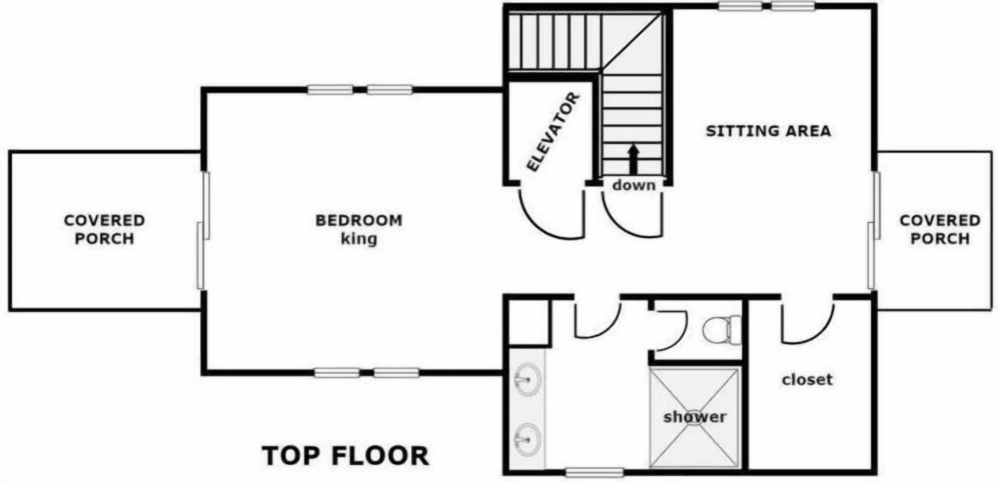 Distribución en planta alta con habitación king, zona de estar, porche cubierto y baño con ducha e inodoro.