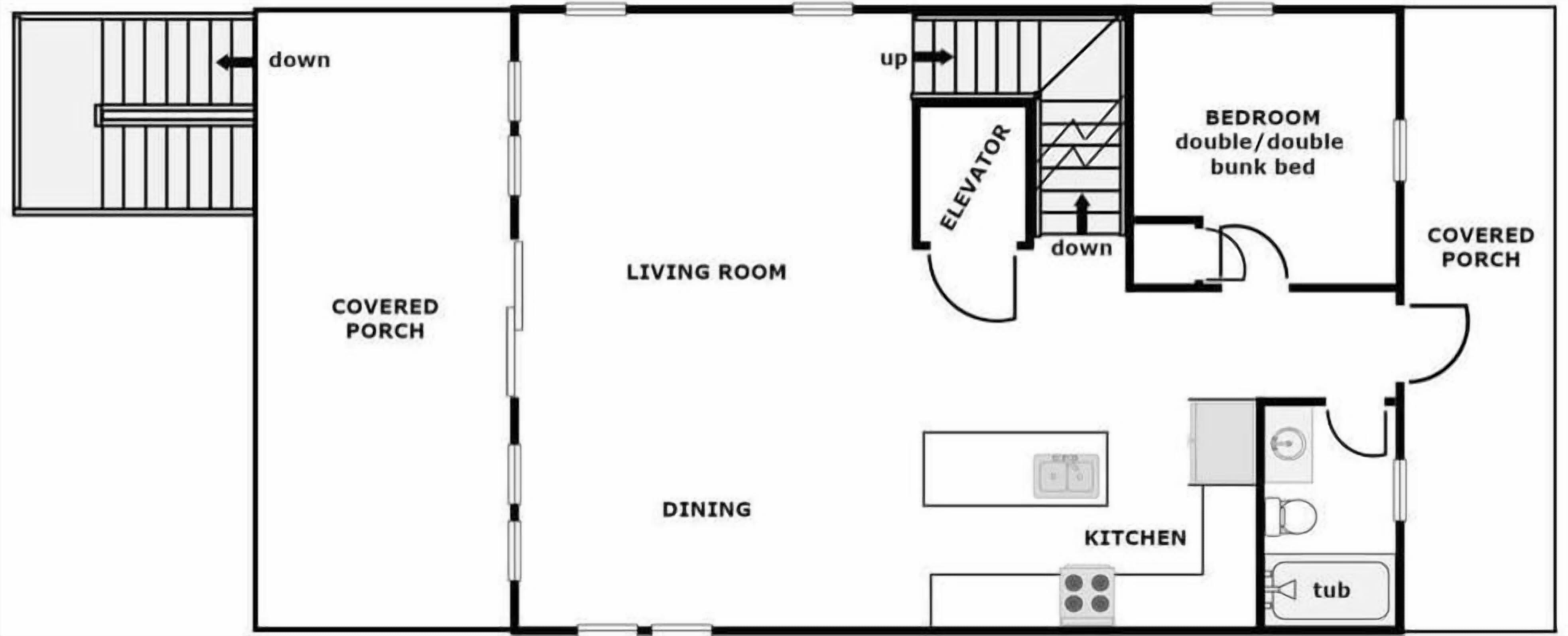 Een plattegrond met een overdekte veranda, woonkamer, eethoek, keuken en een slaapkamer met een tweepersoons stapelbed.