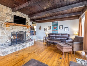 Smart TV, chimenea y libros