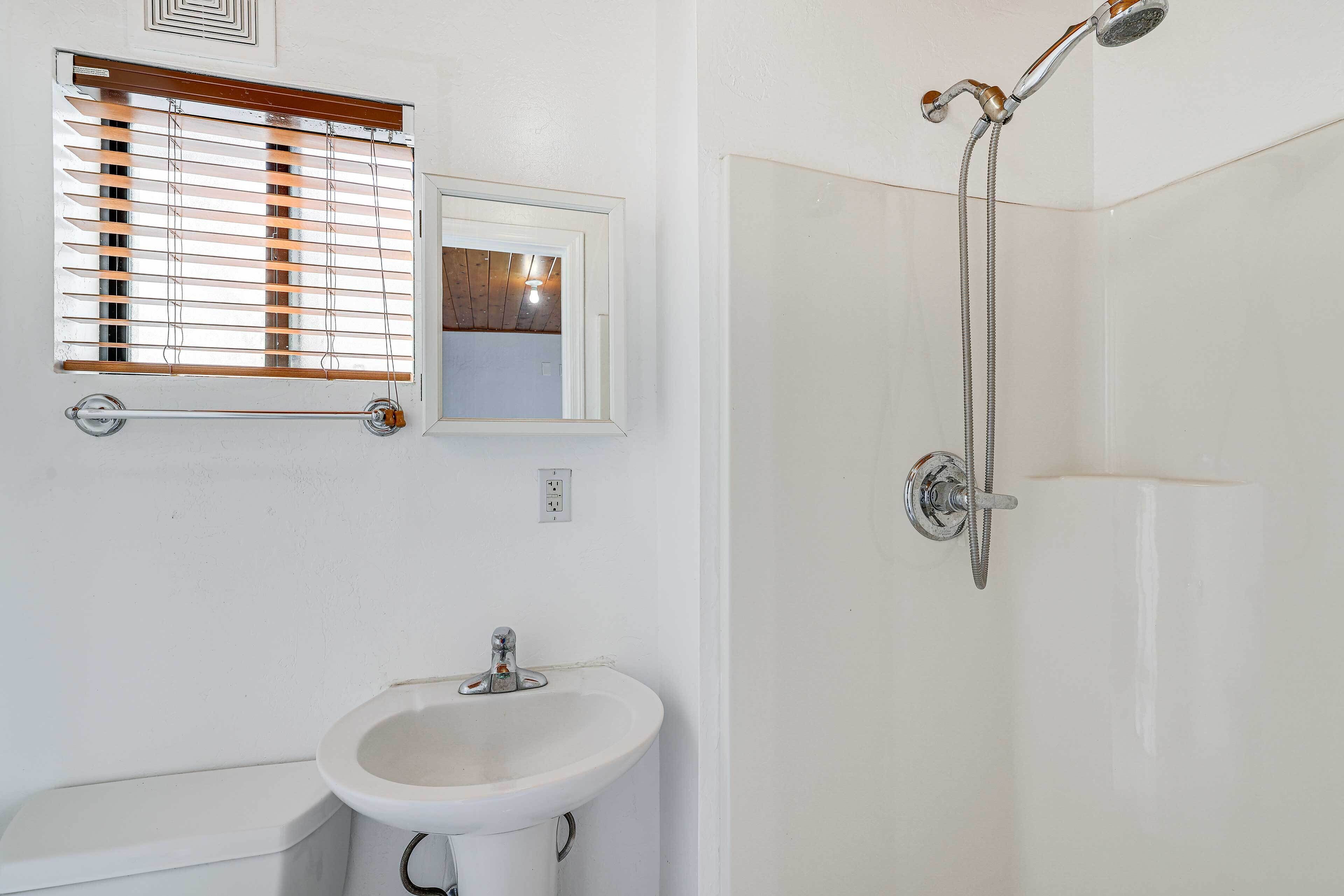 A bathroom with a white sink, a mirror, and a shower with a handheld showerhead.