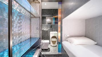 Single Lower capsule with Shower No Window | Individually decorated, desk, laptop workspace, free WiFi