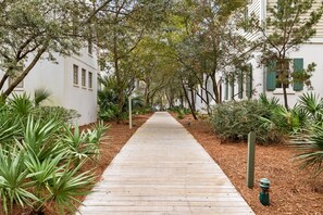 Stroll through lush gardens to a classic building surrounded by mature trees and verdant greenery.