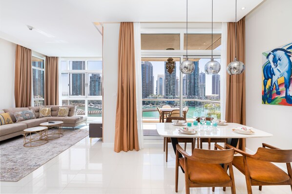 Luxury Apartment | Living area | 55-inch Smart TV with digital channels - Vacay Lettings - Iris Blue (Dubai)