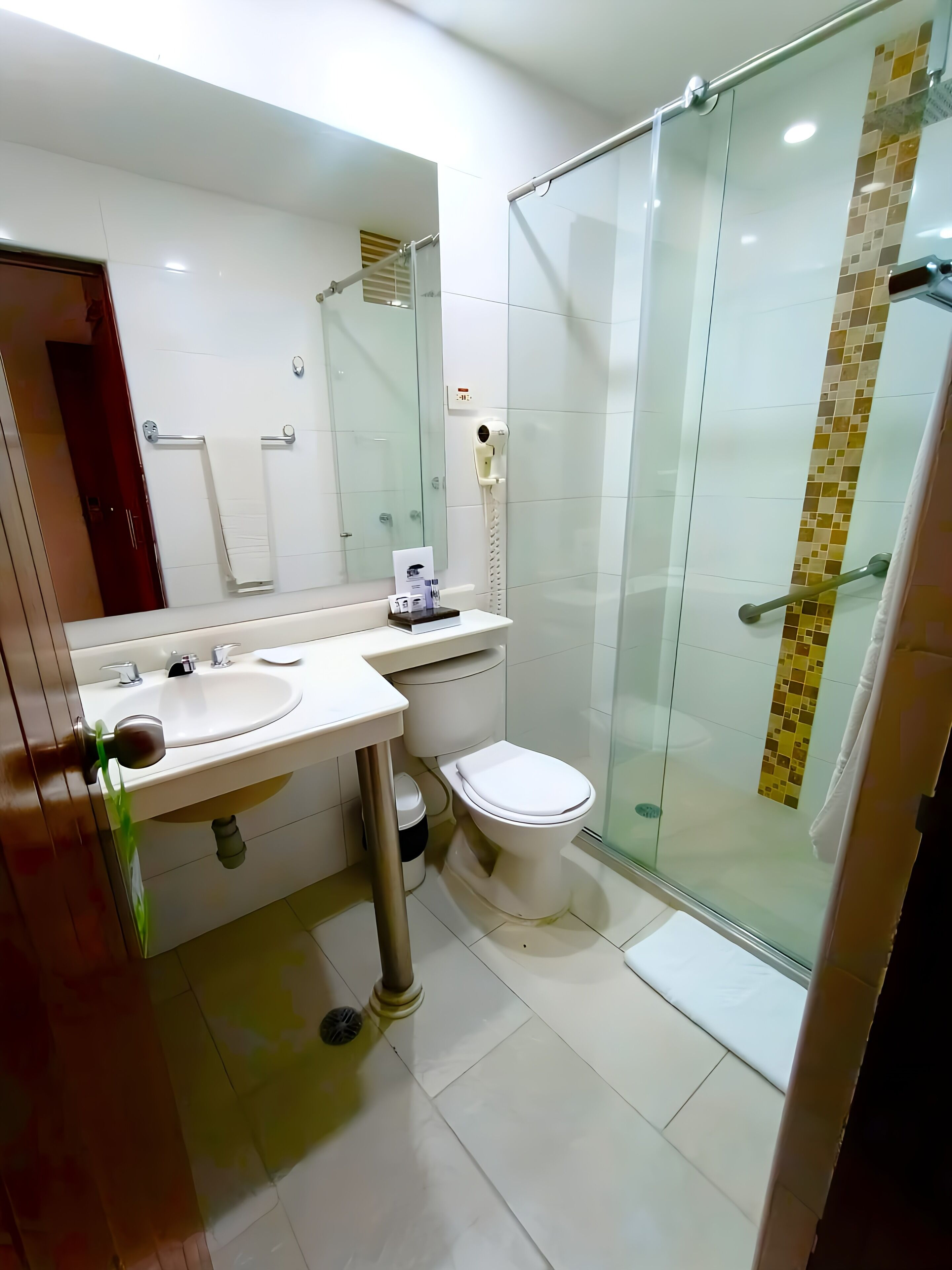 Un baño moderno con cabina de ducha de vidrio, un lavabo blanco y un inodoro.