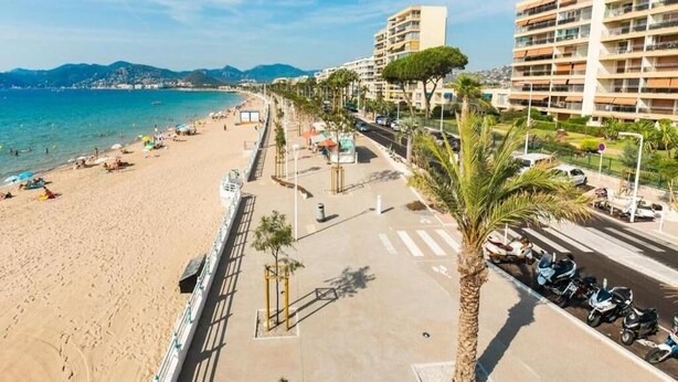 A beachside promenade with a row of palm trees, a pedestrian walkway, and a parked motorcycle. - Renovated Apartment With Terrace Facing THE SEA (Cannes)