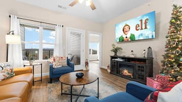 Smart TV, fireplace, video games, DVD player