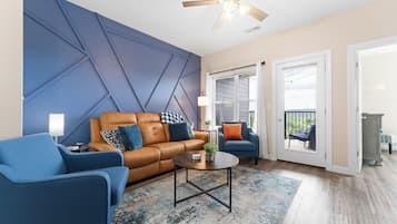 Smart TV, fireplace, video games, DVD player