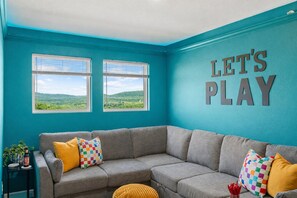 Smart TV, fireplace, video games, DVD player