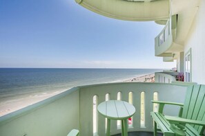 A balcony with a view of the beach and ocean. - Oceanside Escape | Ocean View | Pool | 3 Bedrooms (Galveston)