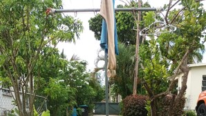A grassy outdoor area with a clothesline, trees, and a fence. - Charming 2-bed Villa in The Garden (Holetown)