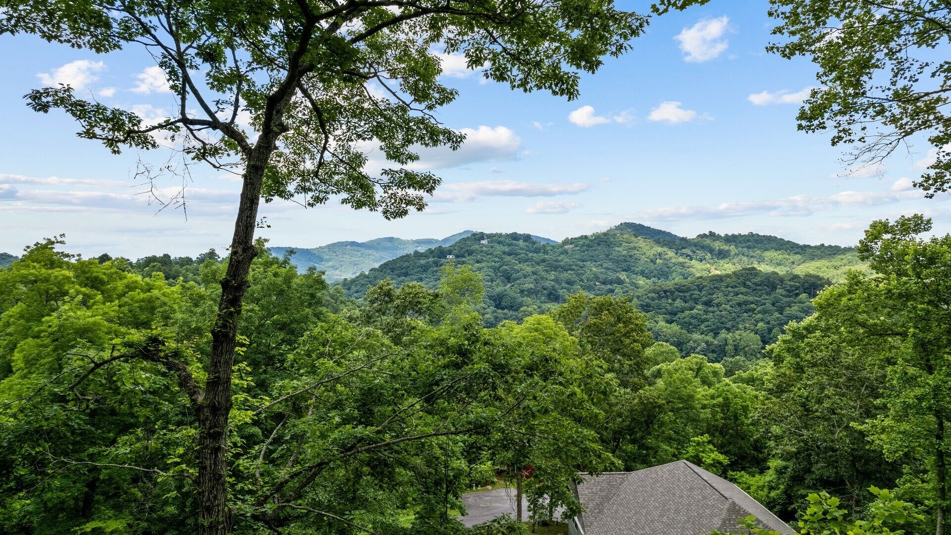 A view of a mountainous landscape with dense forest and a house with a sloped roof.