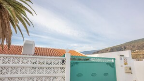 Paret blanca amb una porta decorativa i una palmera.