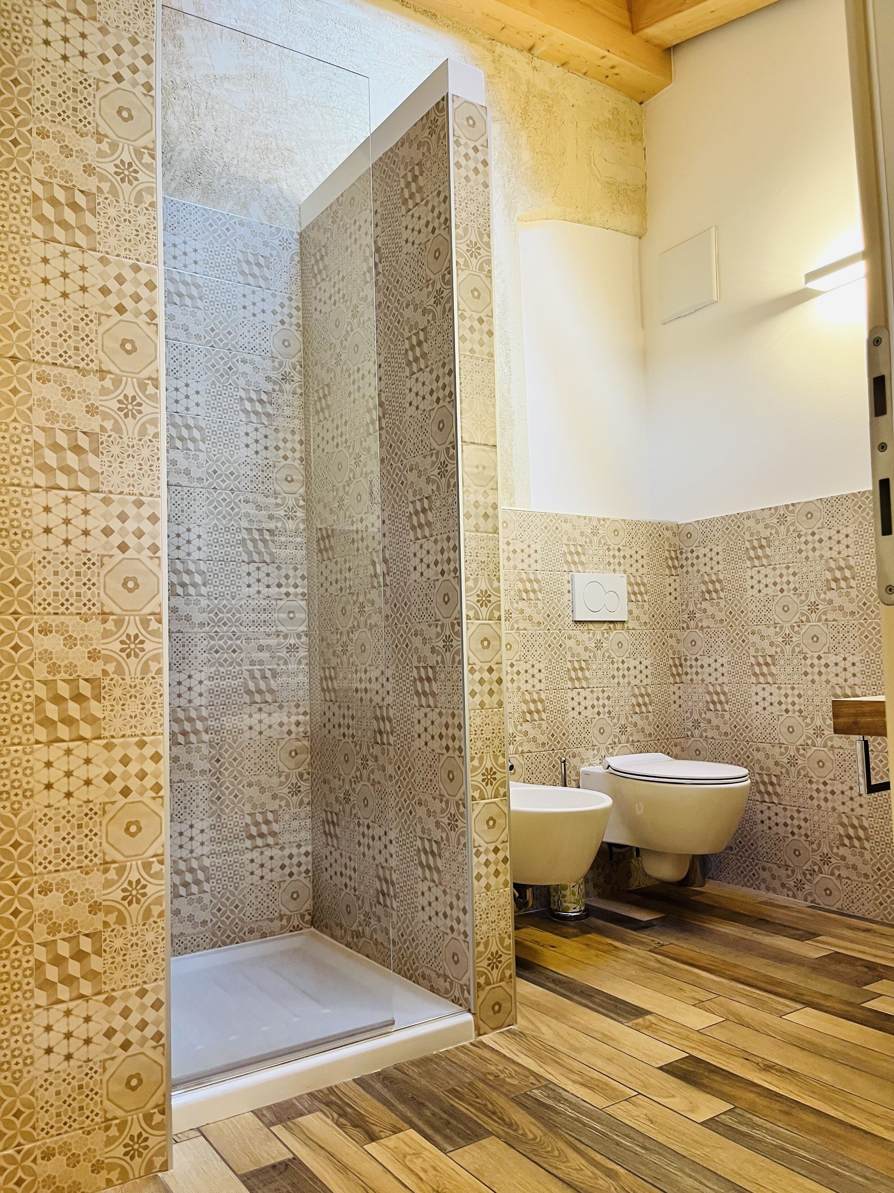 A bathroom with patterned tiles, a shower, and a toilet.