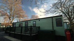 A row of green mobile homes with black railings, a paved driveway, and leafless trees in the background. - 8 Guests - 3 Bedrooms - Pet Friendly - Lakeview (Windermere)
