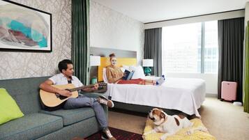 In-room safe, desk, laptop workspace, blackout curtains