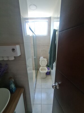 Ein Badezimmer mit Toilette, einer Duschkabine aus Glas und einem Fenster für natürliches Licht.
