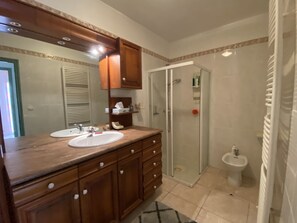 Une salle de bain avec un meuble-lavabo en bois, un évier, un miroir, une cabine de douche et un bidet.