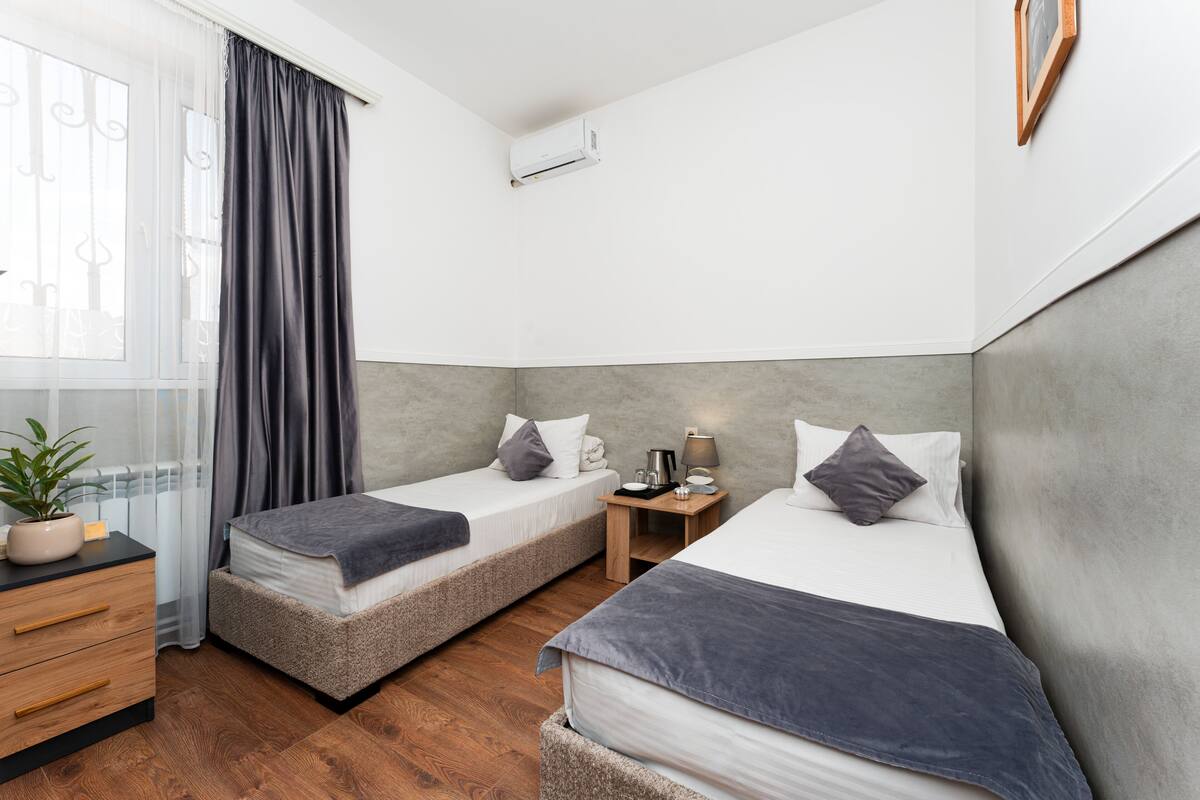 Habitación de hotel con dos camas, una mesita de noche, una lámpara, una planta en maceta y una ventana con cortinas.
