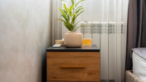A hotel room with a bedside table, a potted plant, a bedside lamp, a thermostat, and a bed. - Economy Type Rooms (Yerevan)