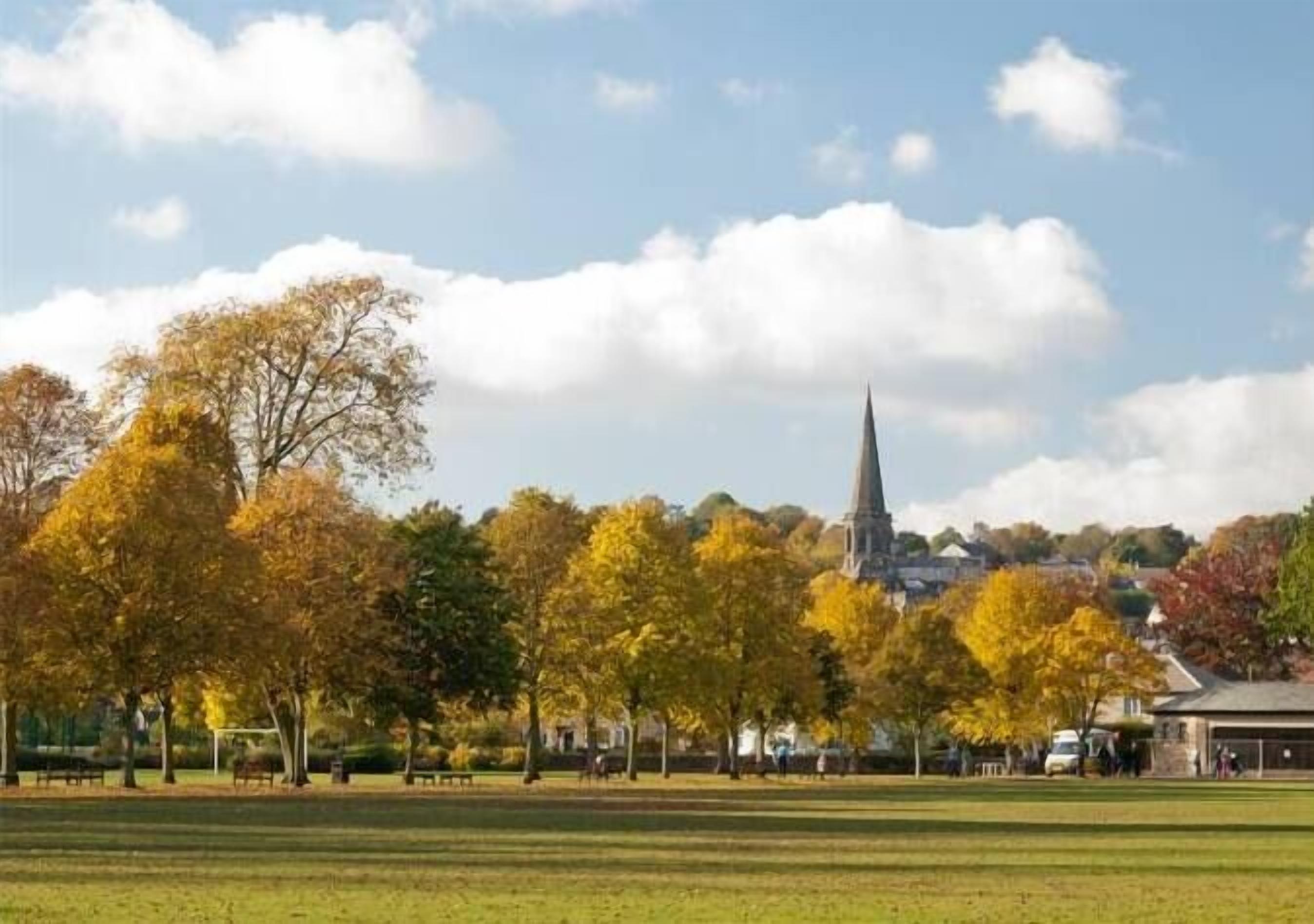 Ein Park mit Herbstbäumen, einem Kirchturm und einem Gebäude im Hintergrund.
