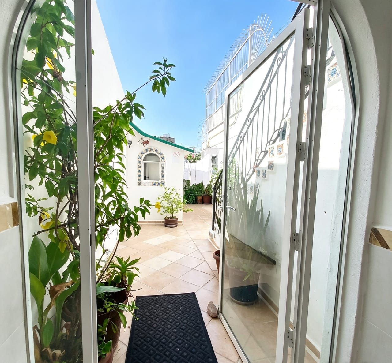 On aperçoit, à travers une porte vitrée, une cour intérieure agrémentée de plantes en pot, un sol carrelé et un bâtiment doté d’un toit et de fenêtres également recouverts de carreaux.