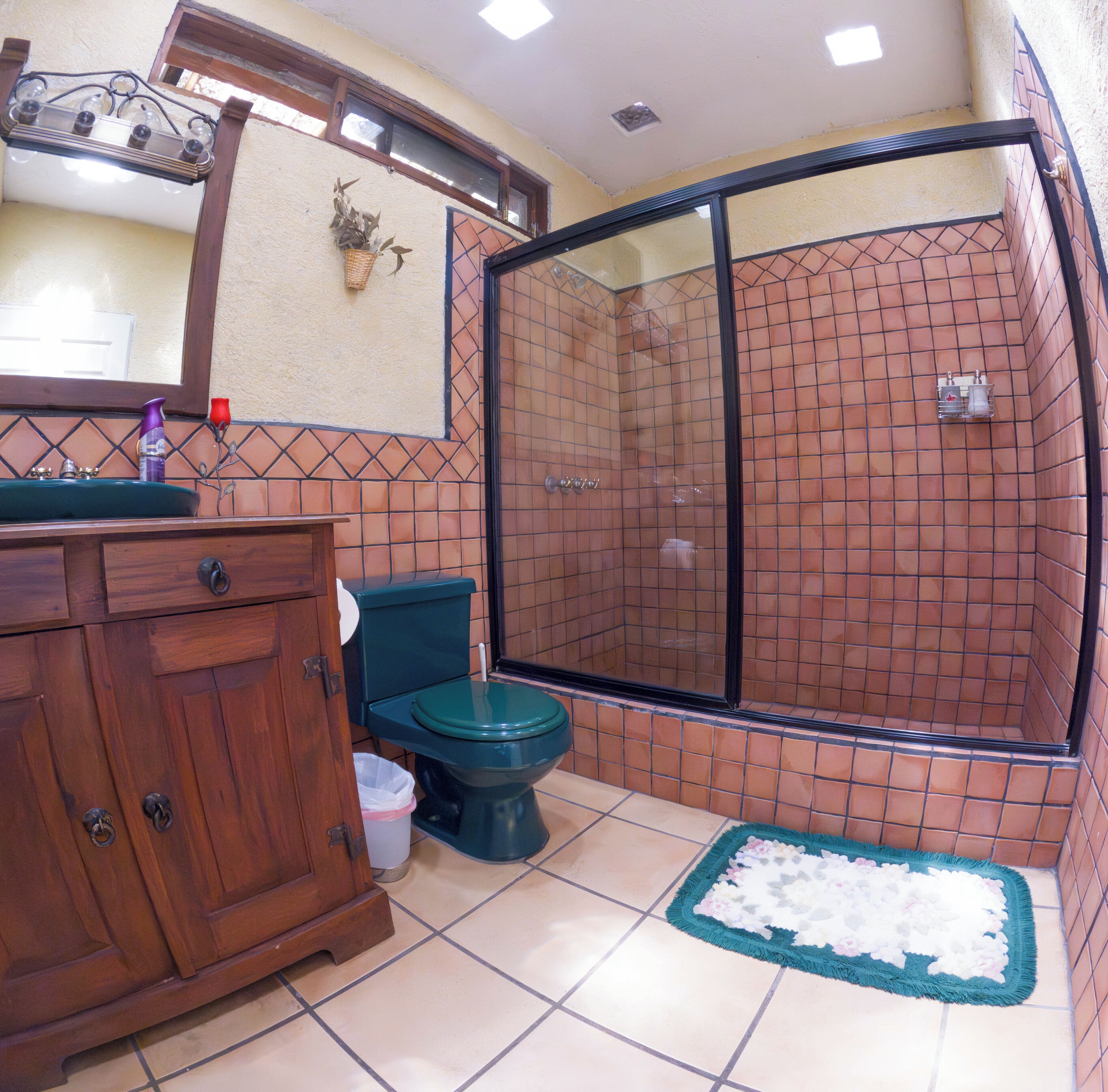 Een badkamer met douche, toilet en wastafel.