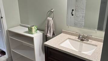 Hair dryer, towels, soap, toilet paper