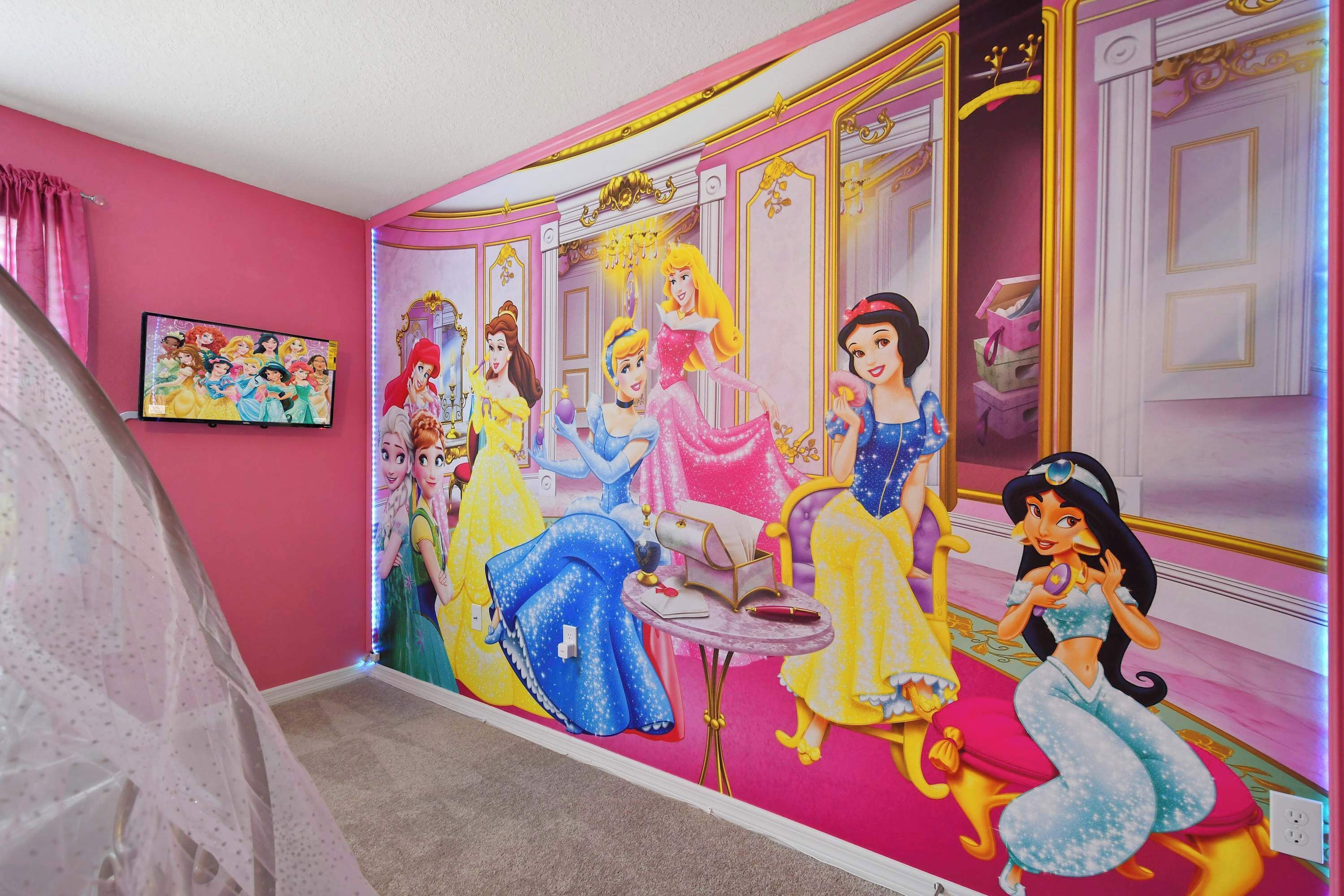 A room with a Disney princess mural, a television, and a pink curtain.