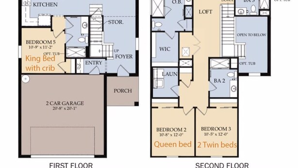 A two-story house layout with a pool, a cafe, a gathering room, and multiple bedrooms including a queen bed and twin beds. - Free Waterpark Access! 5br Resort Townhome w/ Pool (Kissimmee)