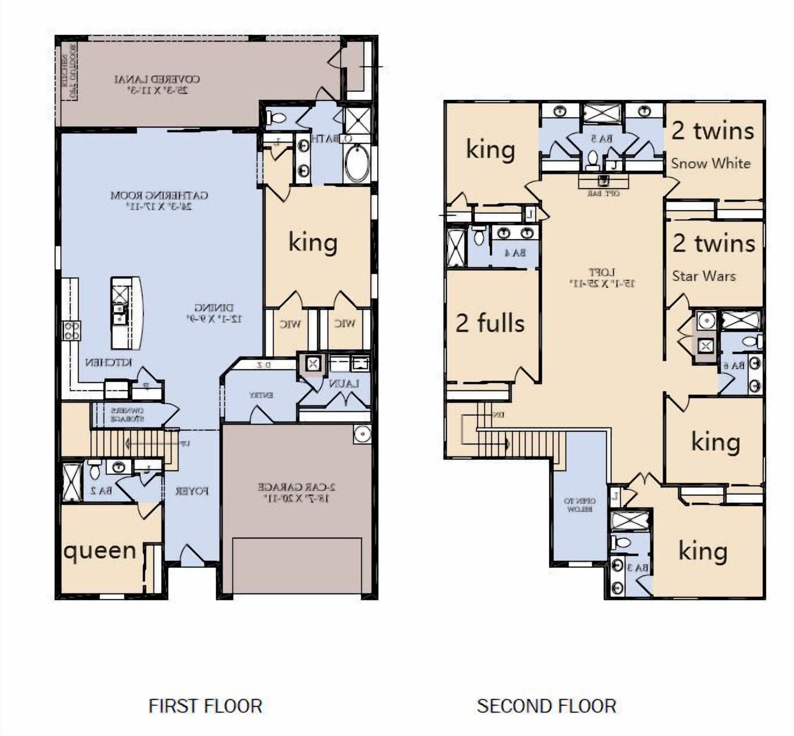 A hotel layout with two floors, each featuring multiple rooms labeled as 'king' and 'queen'.