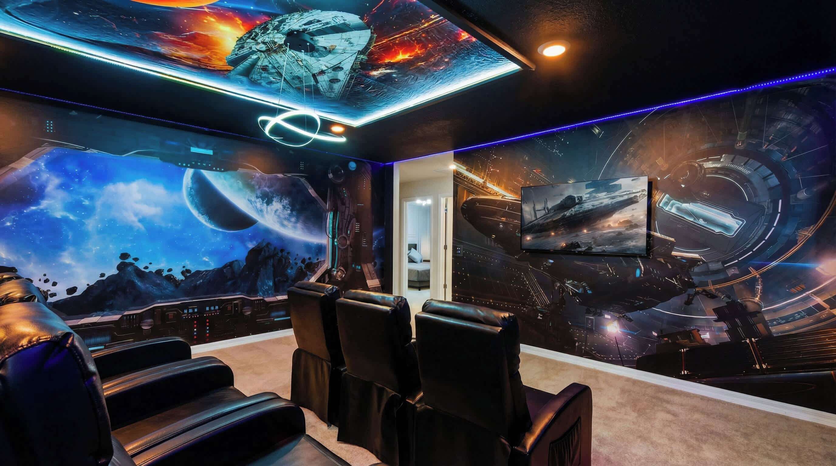 A home theater room with a large screen, reclining chairs, and space-themed wall art.