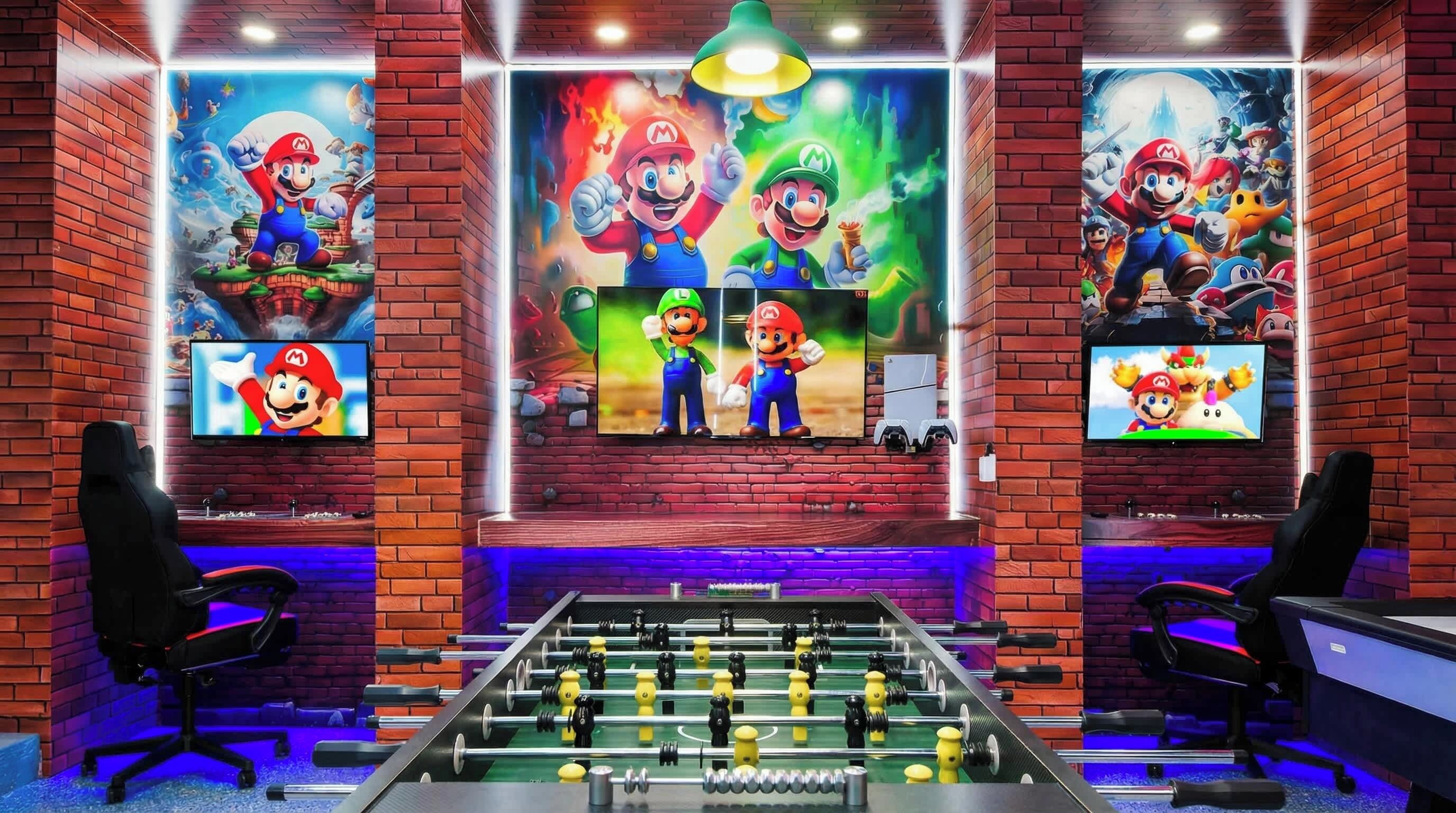 Ein Raum mit einem Kicker, zwei Gaming-Stühlen und drei Flachbildfernsehern, die Inhalte zum Thema Mario zeigen.