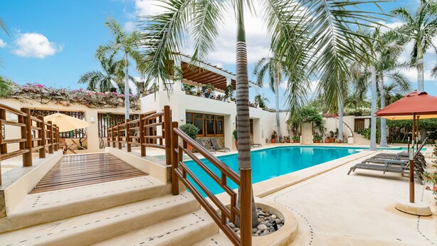 Área de piscina com escadas que levam a um deck de madeira, cercada por palmeiras e plantas em vasos.