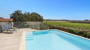 Una piscina con sillones de descanso, vistas a un viñedo y un cielo despejado.