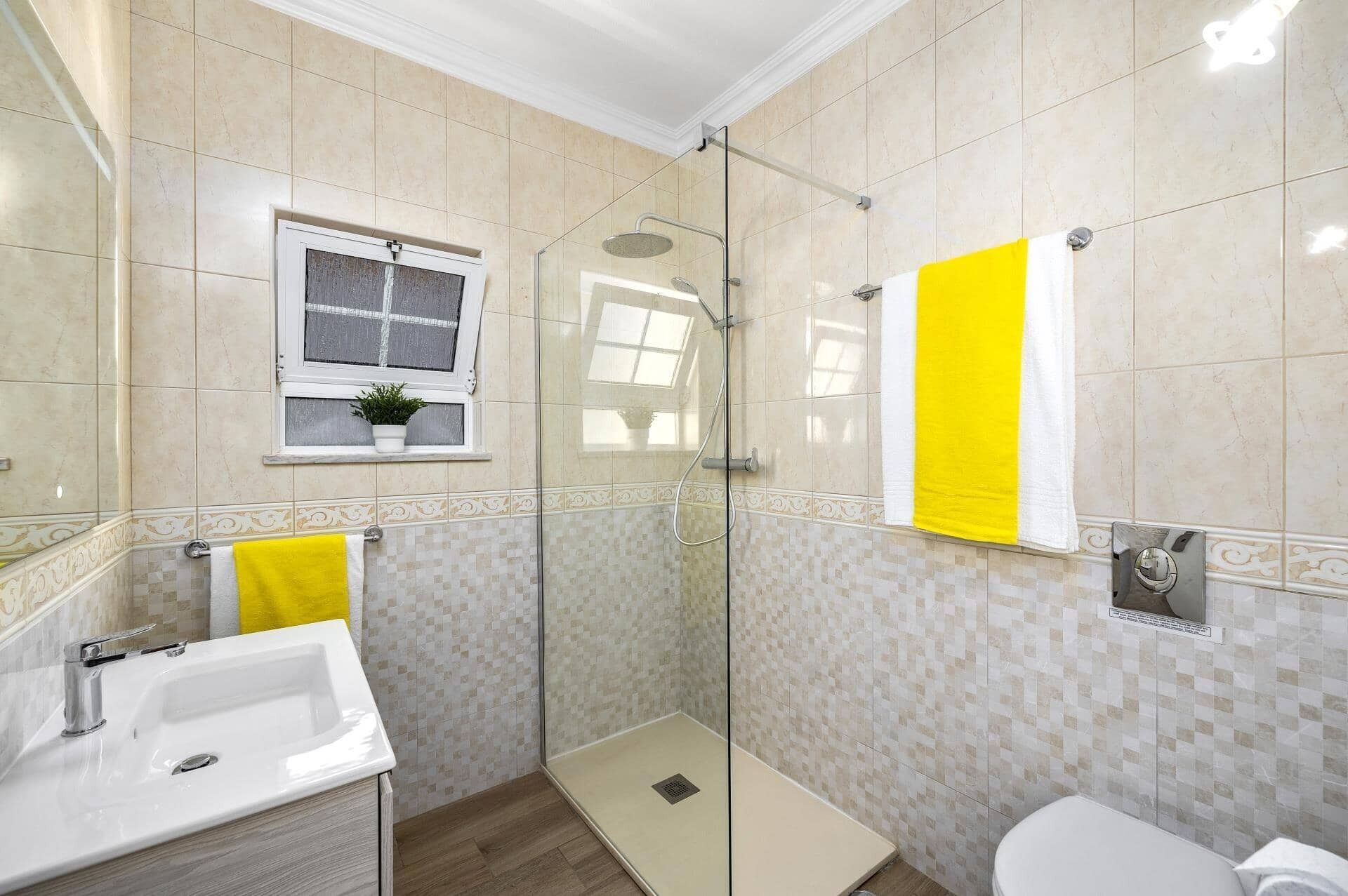 Un bagno con doccia, lavabo, servizi igienici e una finestra con una pianta.