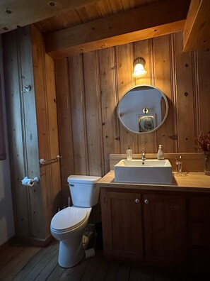 Shower, towels, soap, toilet paper